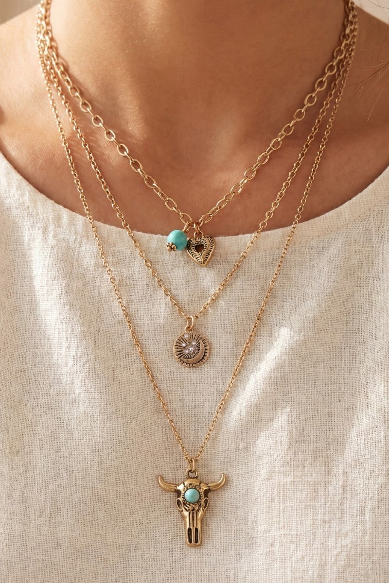 Gold Bull Skull Western Layer Necklace