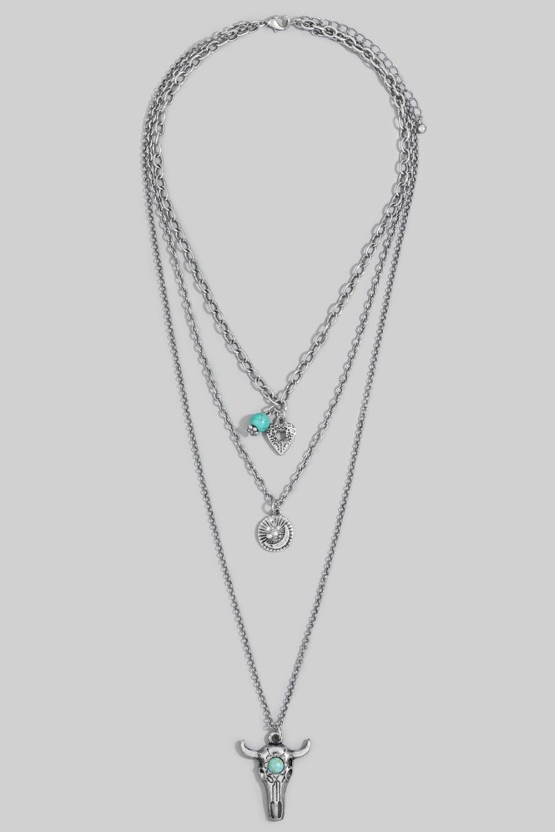 Silver Bull Skull Layered Necklace-Market Grey Boutique