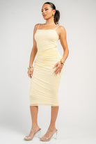 Yellow Ruched Mesh Midi Dress-Market Grey Boutique