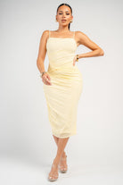 Yellow Ruched Mesh Midi Dress-Market Grey Boutique