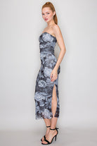 Strapless B/W Floral Mesh Midi Dress-Market Grey Boutique