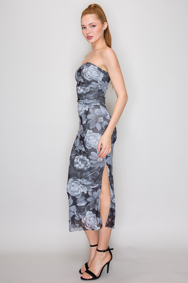 Strapless B/W Floral Mesh Midi Dress-Market Grey Boutique