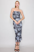 Strapless B/W Floral Mesh Midi Dress