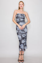 Strapless B/W Floral Mesh Midi Dress-Market Grey Boutique