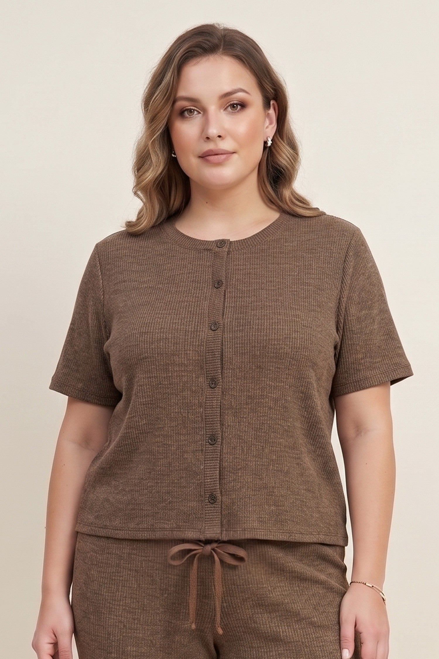 Brown Ribbed Short Sleeve Cardigan-Market Grey Boutique