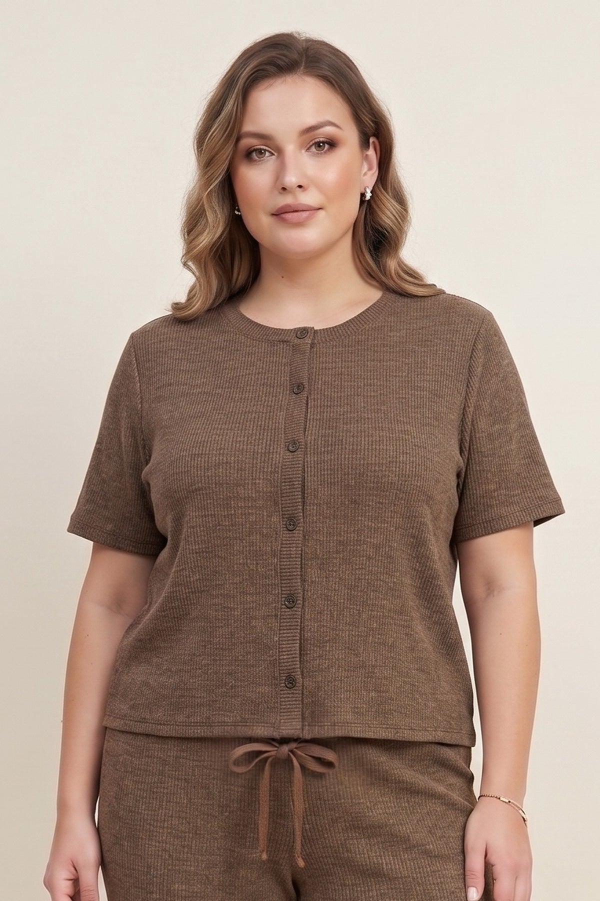 Brown Ribbed Short Sleeve Cardigan-Market Grey Boutique