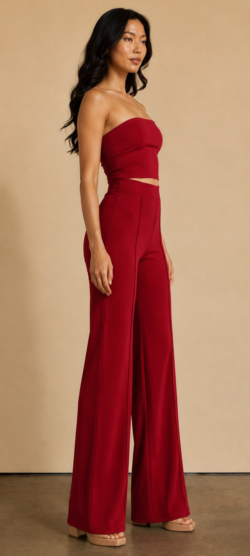 Red Gina High Waisted Wide Legged Pintuck Pants