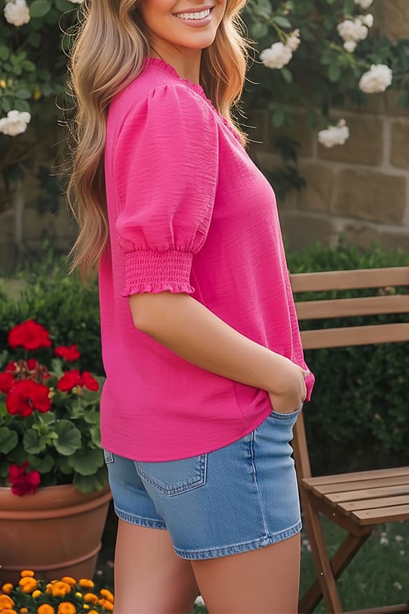 Hot Pink V-neck Ruffle Collar Puff Sleeve Top