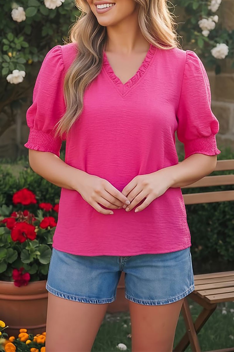 Hot Pink V-neck Ruffle Collar Puff Sleeve Top