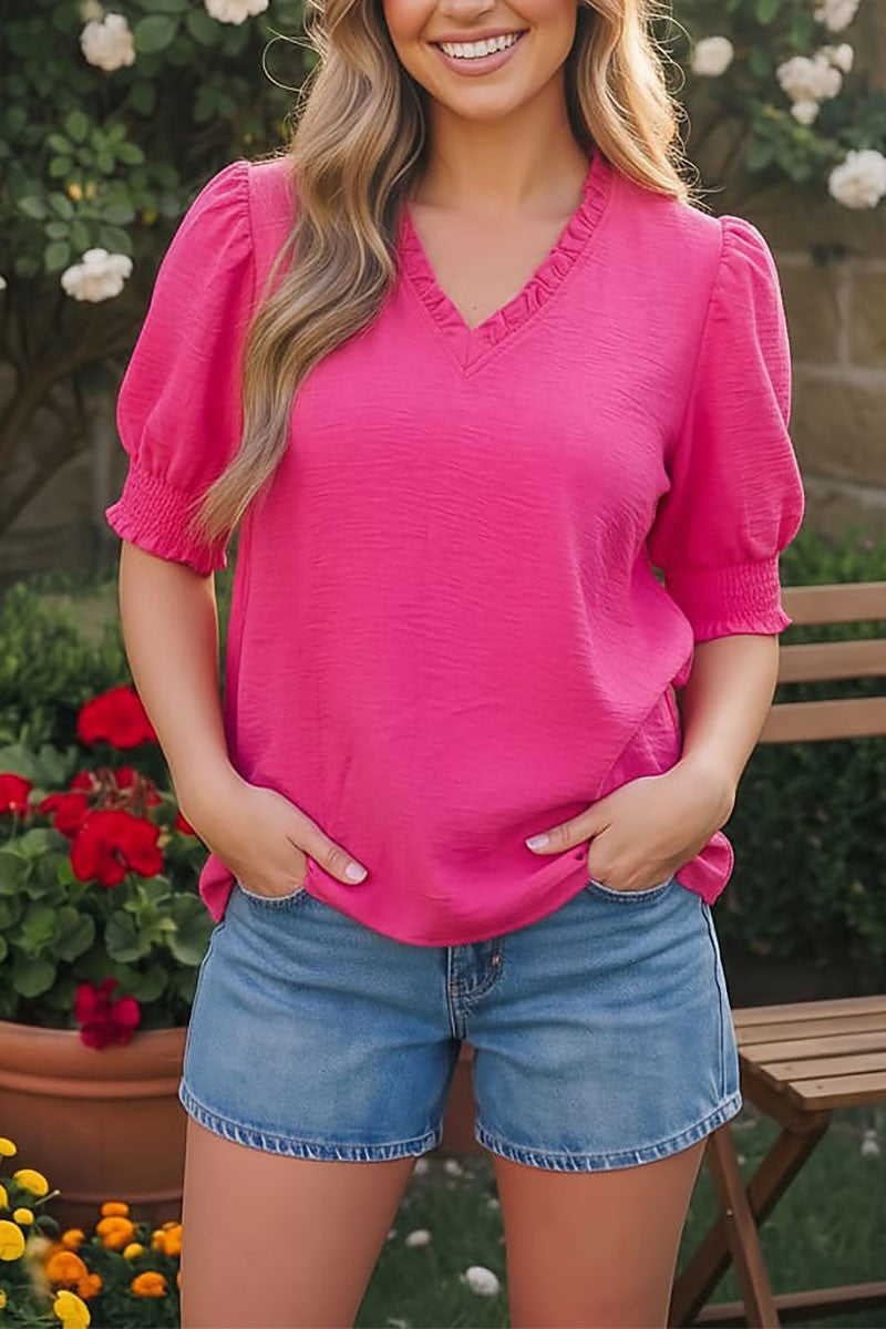 Hot Pink V-neck Ruffle Collar Puff Sleeve Top