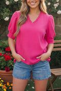 Hot Pink V-neck Ruffle Collar Puff Sleeve Top