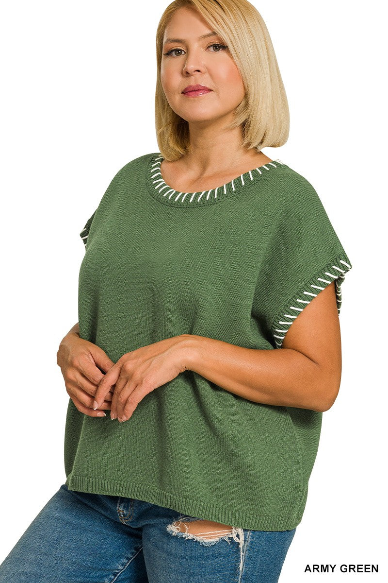 Curvy Sleeveless Stitch Detail Sweater-Market Grey Boutique