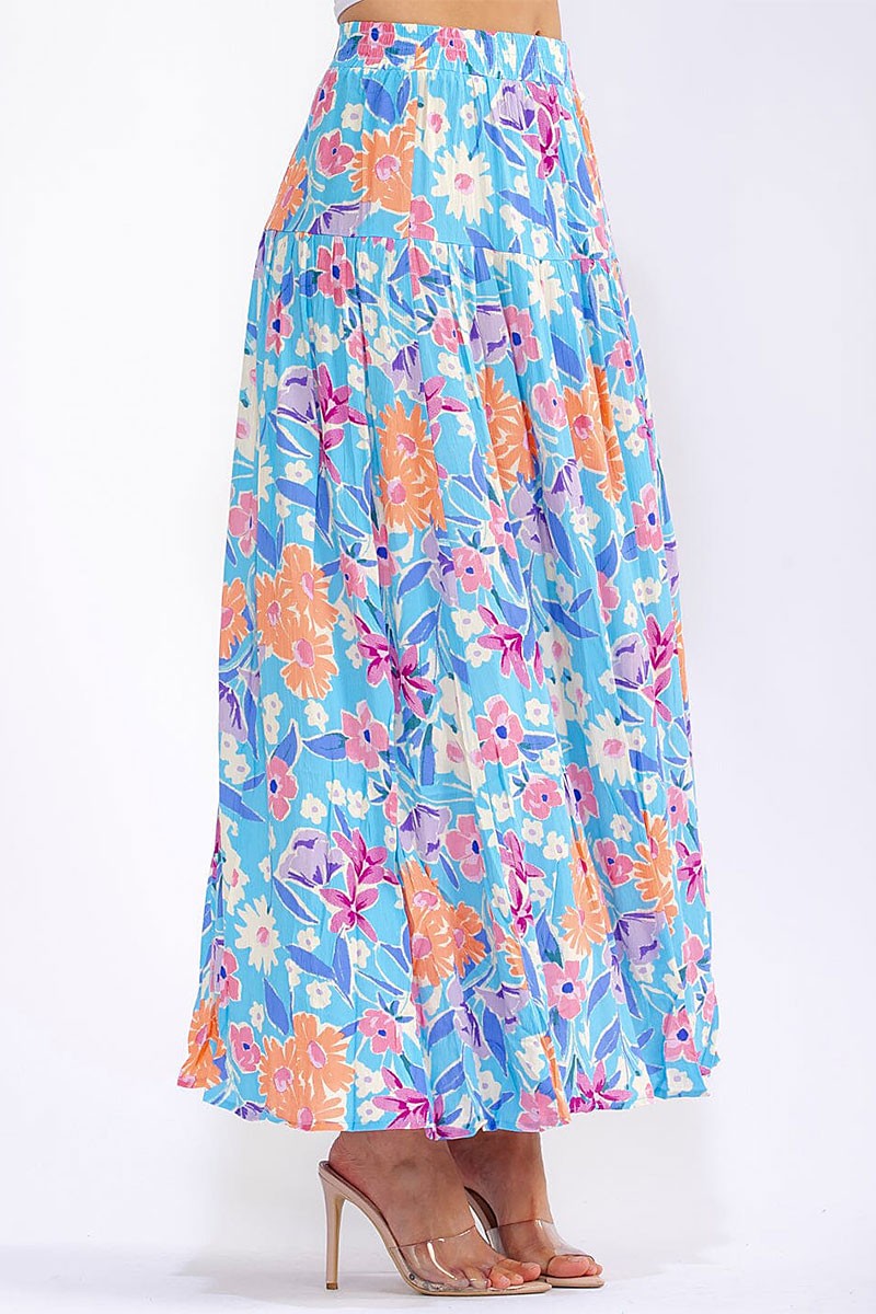 Blue Floral Tiered Maxi Skirt-Market Grey Boutique