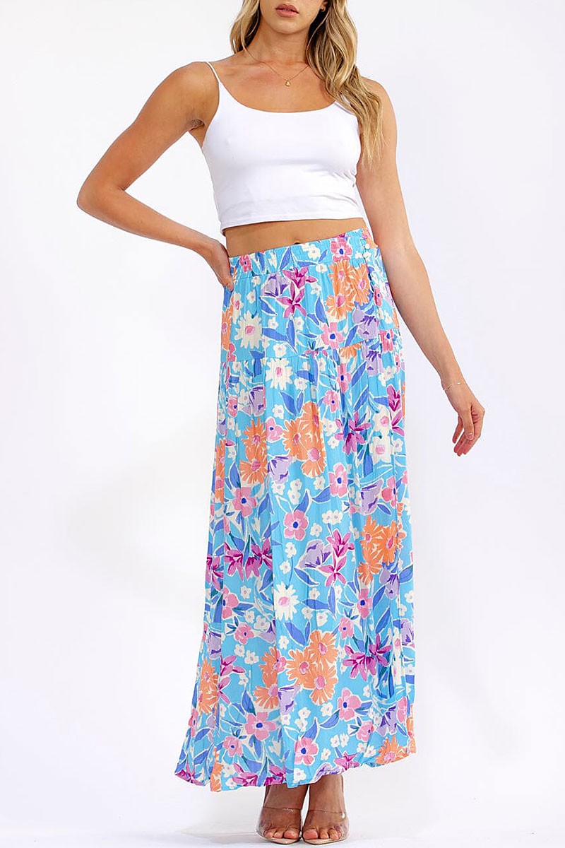 Blue Floral Tiered Maxi Skirt-Market Grey Boutique