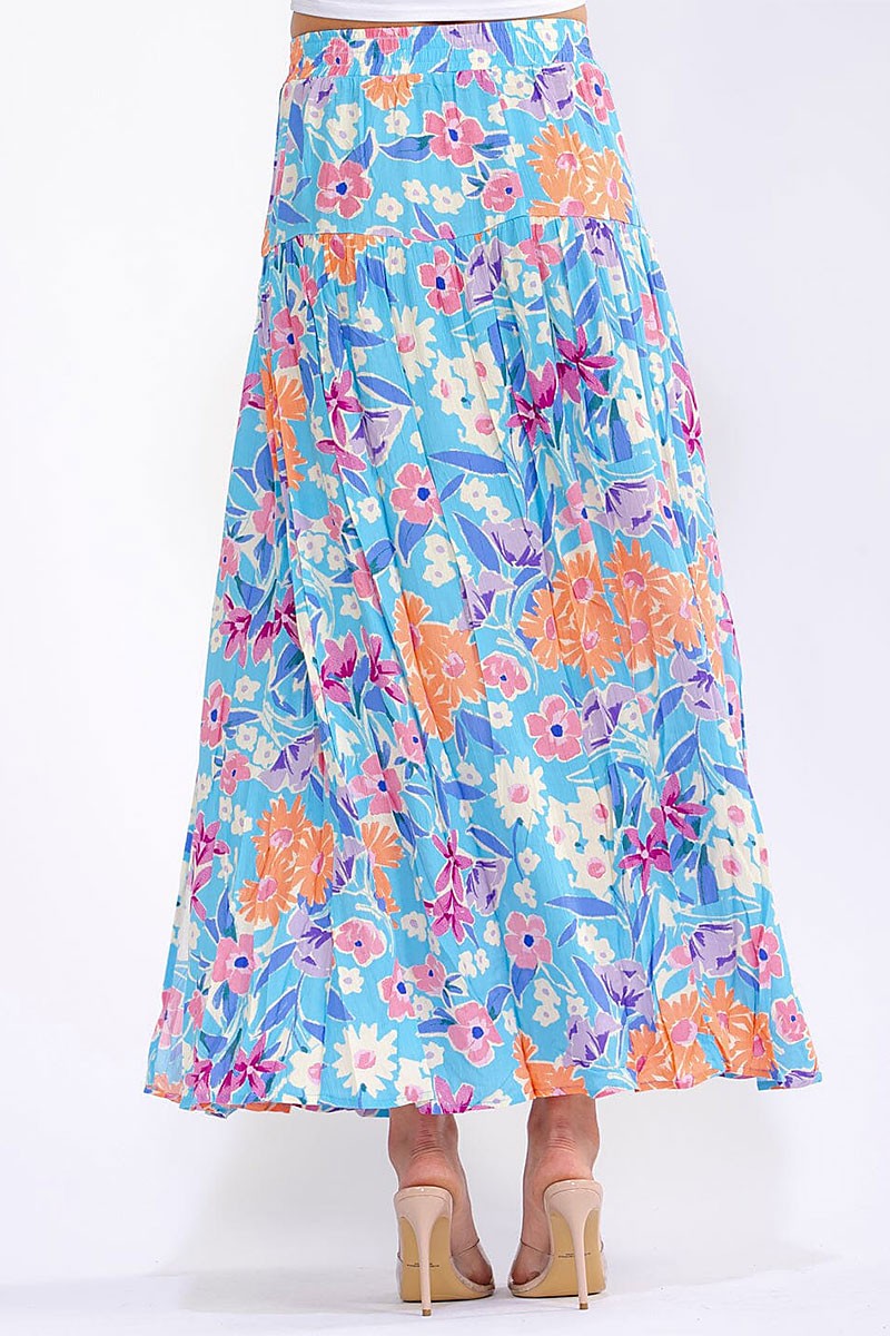 Blue Floral Tiered Maxi Skirt-Market Grey Boutique