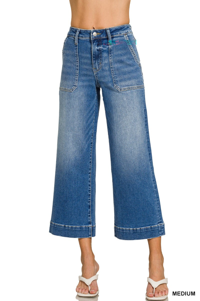 Zenana Cropped Wide Leg Denim Pants-Market Grey Boutique