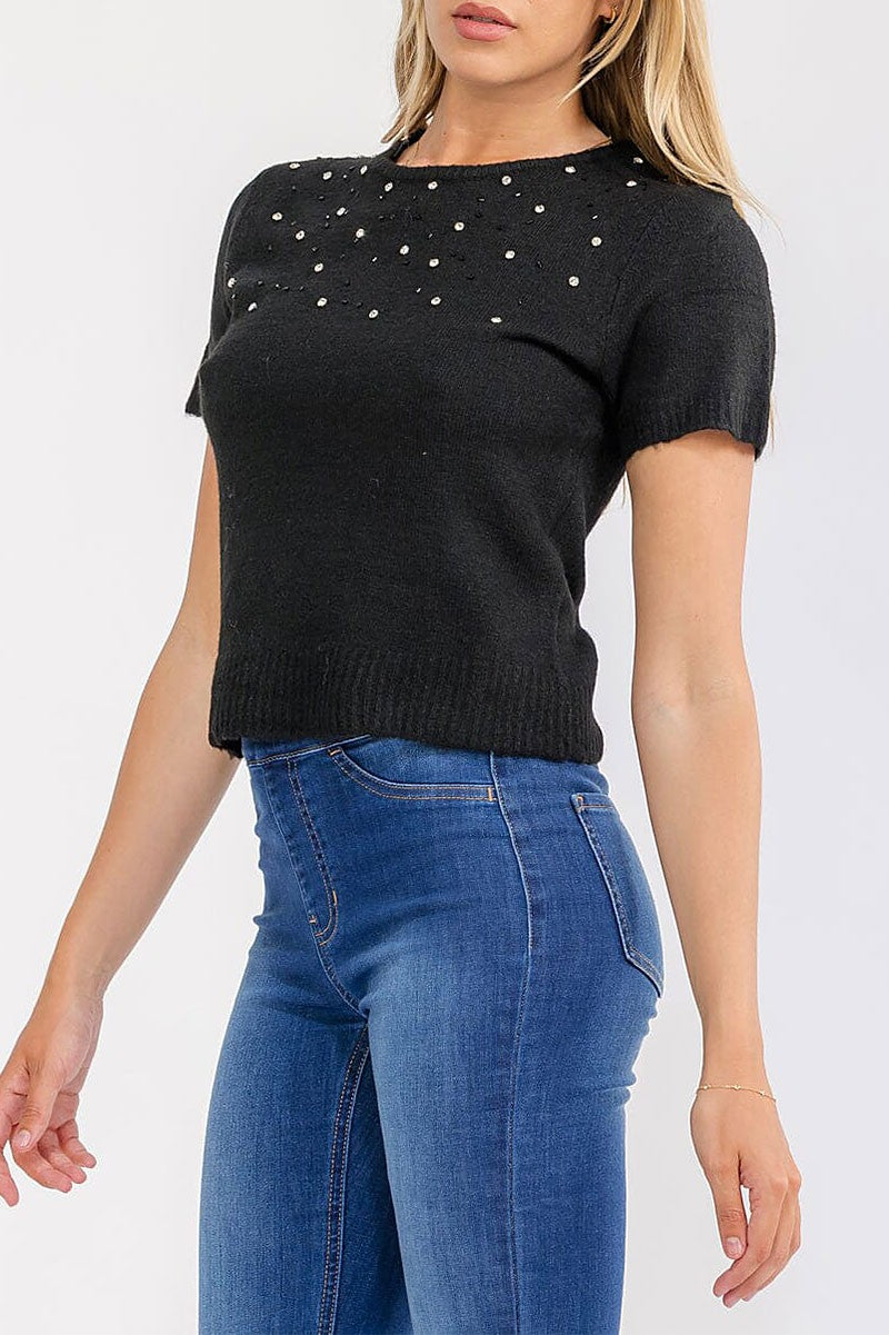 Black Short Sleeve Studded Sweater-Market Grey Boutique