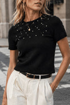 Black Short Sleeve Studded Sweater-Market Grey Boutique