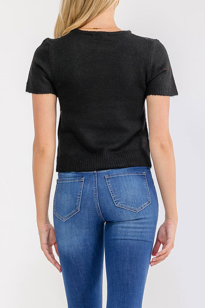 Black Short Sleeve Studded Sweater-Market Grey Boutique