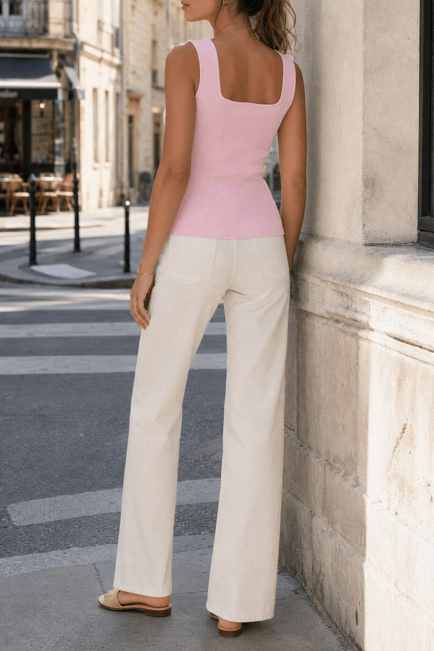 Pink Sleeveless Square Neck Button Tank ￼-Market Grey Boutique