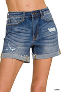 Zenana Distressed Cuffed Raw Hem Denim Shorts
