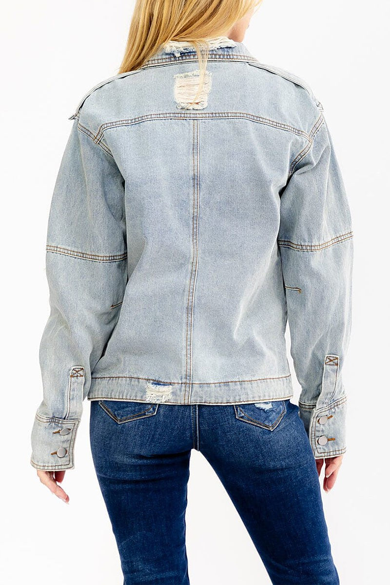 Distressed Top Button Denim Jacket-Market Grey Boutique
