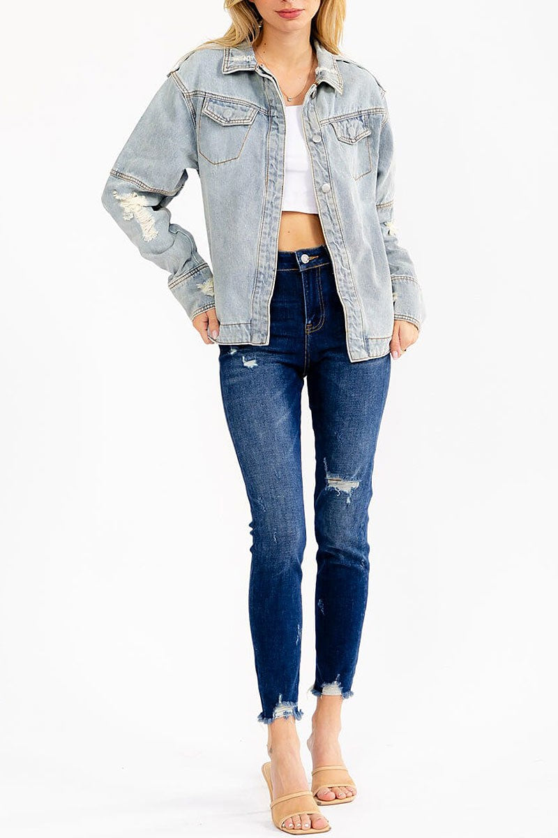 Distressed Top Button Denim Jacket-Market Grey Boutique