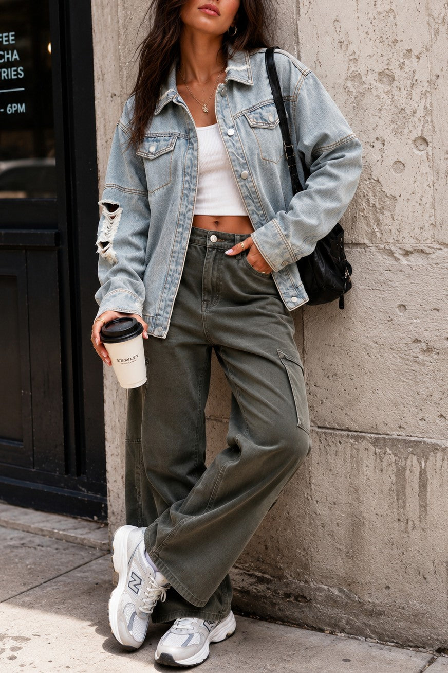 Distressed Top Button Denim Jacket-Market Grey Boutique