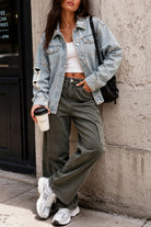 Distressed Top Button Denim Jacket-Market Grey Boutique