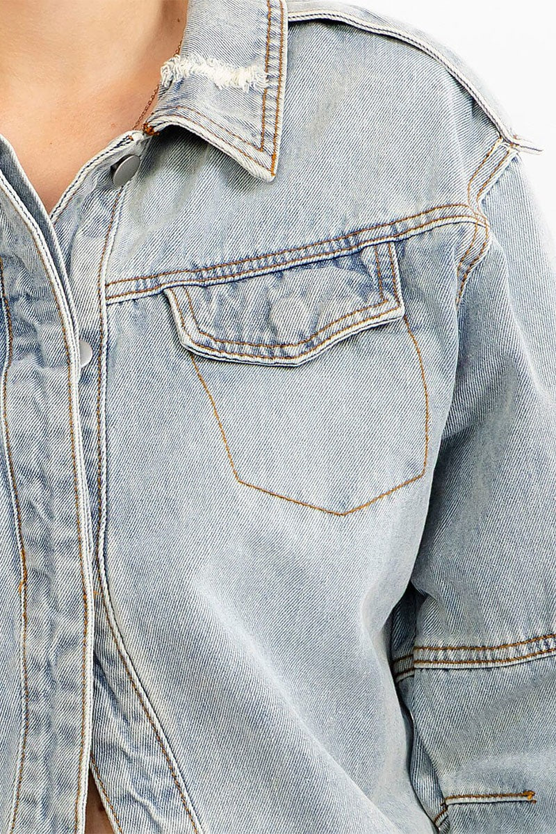 Distressed Top Button Denim Jacket-Market Grey Boutique