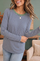 Navy Stripe/Green Contrast Long Sleeve Top-Market Grey Boutique