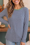 Navy Stripe Long Sleeve Top With Green Collar