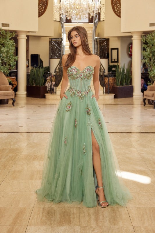2026 - Sage Green Strapless Floral Accent Gown🤍-Market Grey Boutique