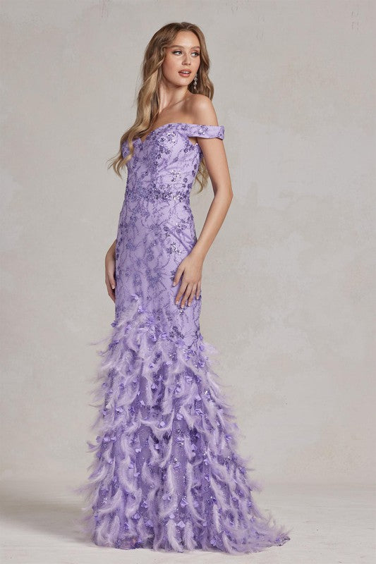 2026 Lilac Off-Shoulder Feather Accent Gown🤍