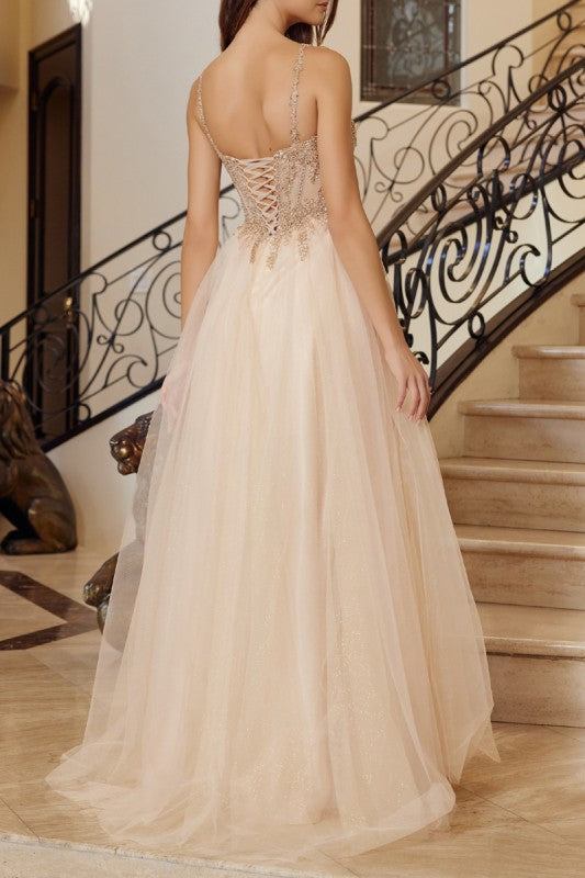 2026 - Champagne Tulle Gown With Plunging V-Neckline🤍-Market Grey Boutique