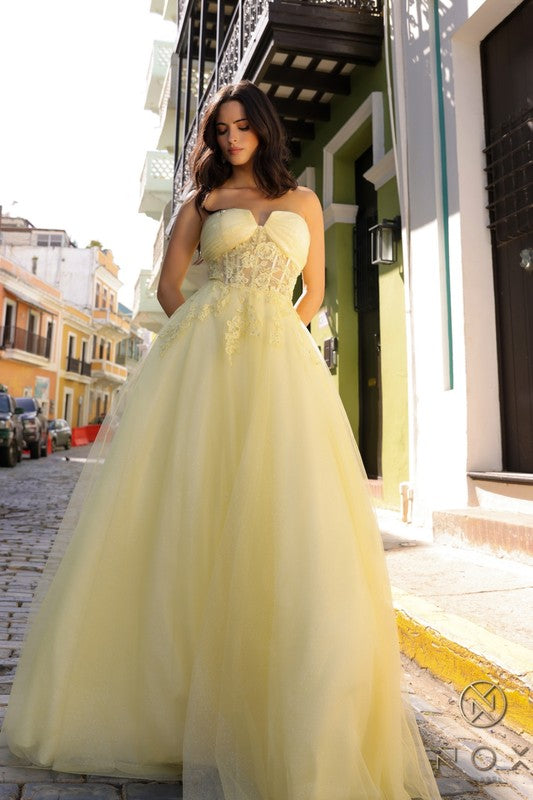 2026 Lemon Applique Strapless A-line Gown-Market Grey Boutique