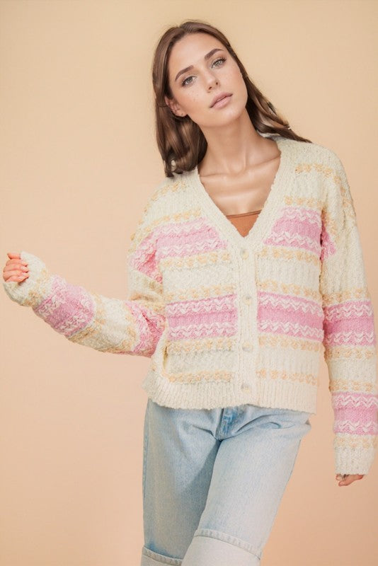 Multi Color Textured Knit Sweater Cardigan