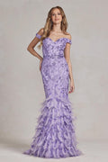 2026 Lilac Off-Shoulder Feather Accent Gown🤍