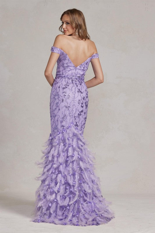 2026 Lilac Off-Shoulder Feather Accent Gown🤍