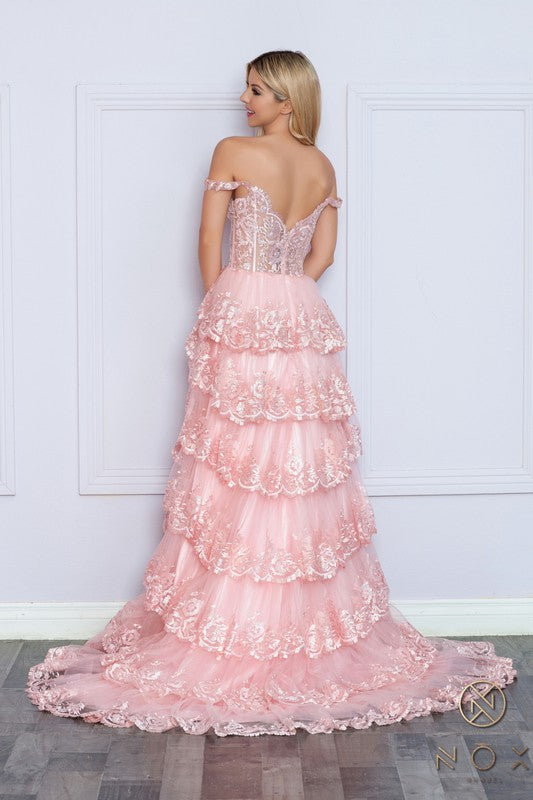 Preview only -  2026 Blush Off Shoulder Lace Tiered Gown🤍
