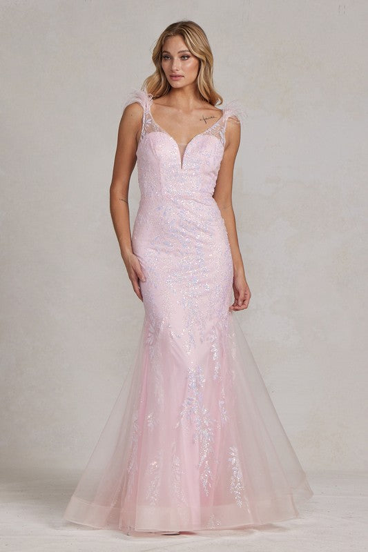 2026 Pink Floral Mermaid Gown w/Feather Accents🤍-Market Grey Boutique