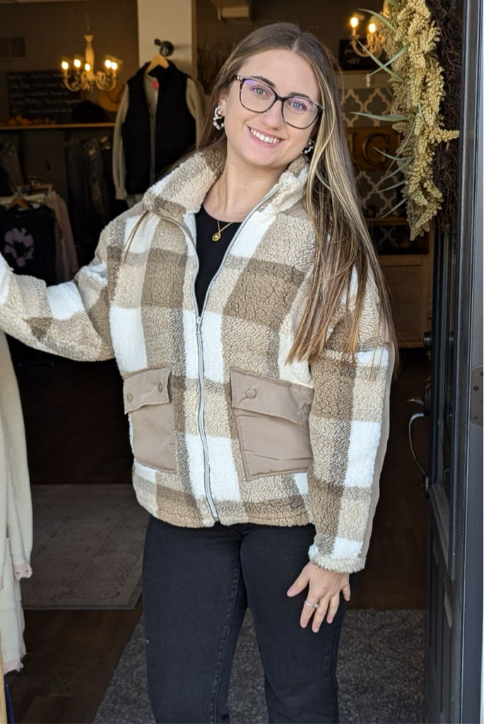 Beige Plaid Fleece Lightweight Zip Up Jacket