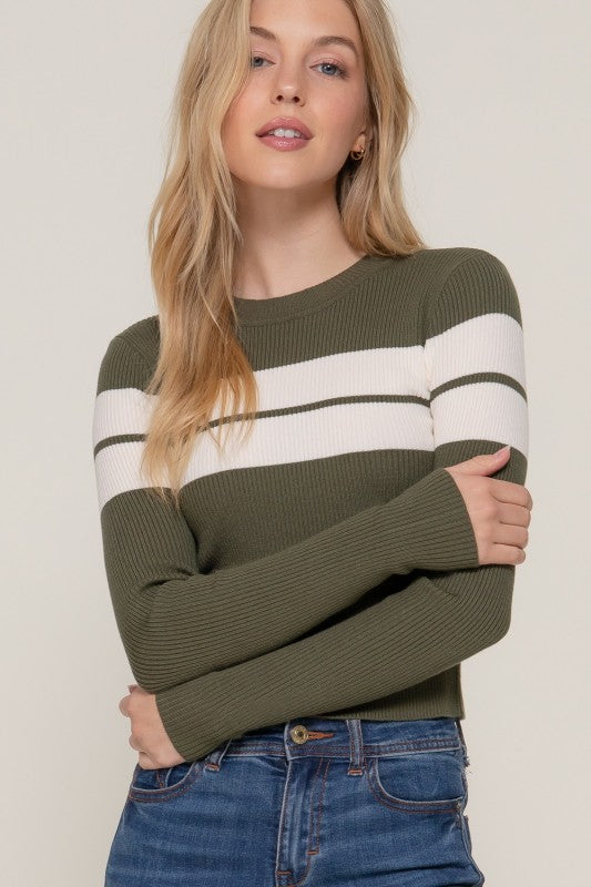 Junior - Olive/Cream Rib Sweater
