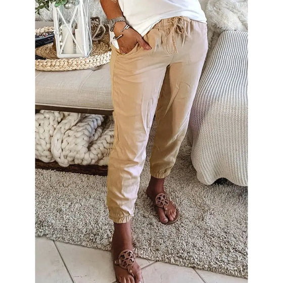 Solid Color Waist Tie Ladies Pants