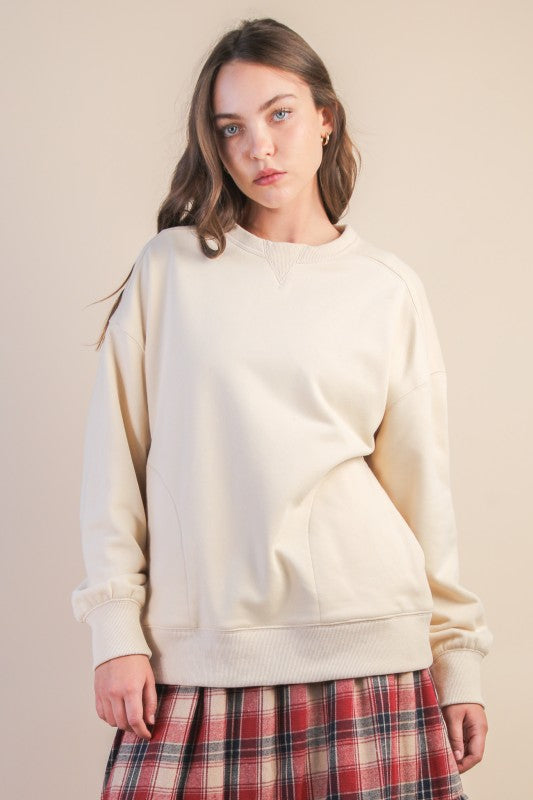 Beige Oversized Casual Comfy Solid Knit Top