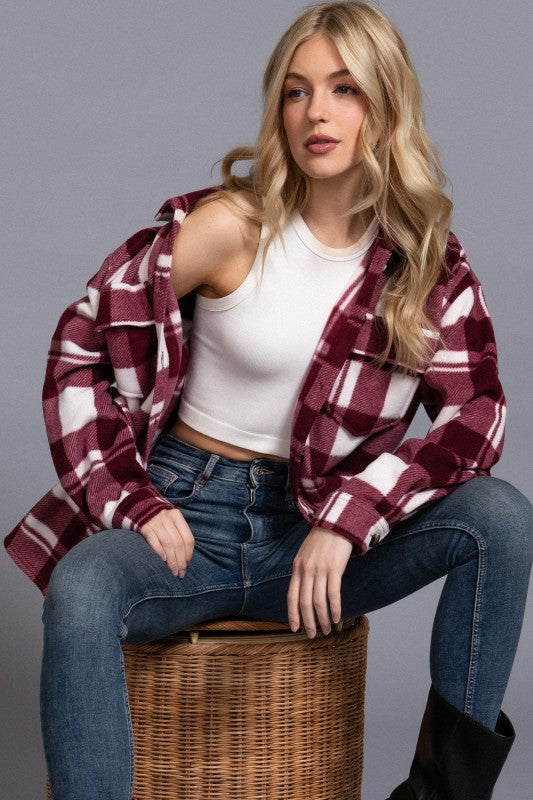 Burgundy/White Checkered Fleece Shacket