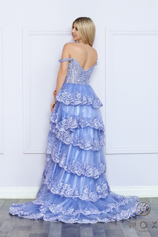 Preview only -  2026 Periwinkle Off Shoulder Tiered Gown🤍