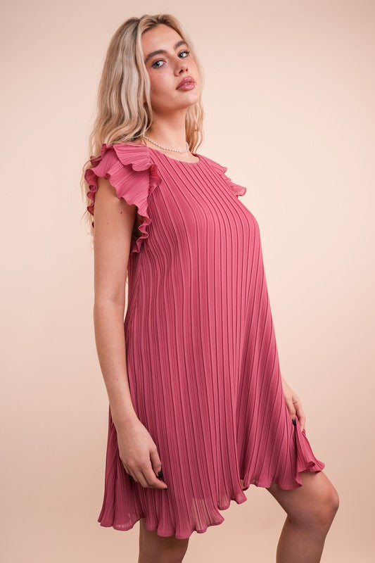 Mauve Ruffle Sleeve Pleated Mini Dress