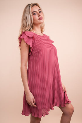 Mauve Ruffle Sleeve Pleated Woven Mini Dress
