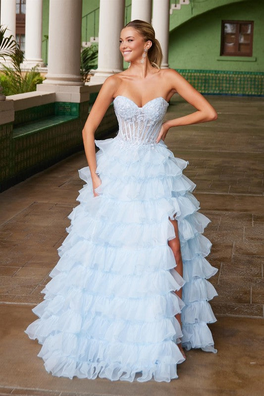 Preview Only - 2026 Light Blue Tiered Strapless Ruffled Gown🤍